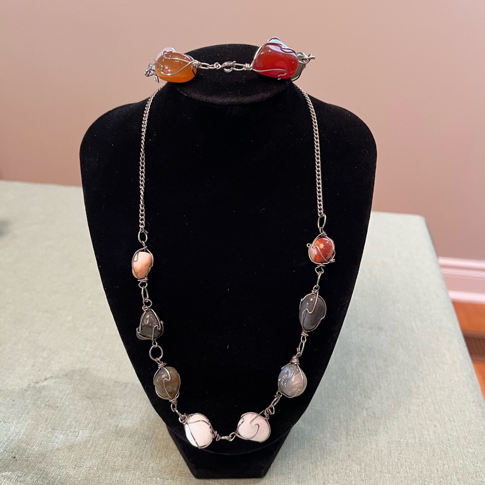 Wire Wrapped Stone Necklace and Bracelet Set